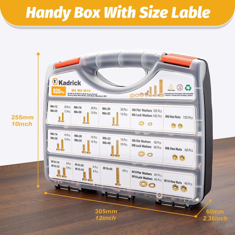 Kadrick 820Pcs Grade 8.8 Metric Bolt Assortment, M6 M8 M10 Hex Heavy Duty Bolts and Nuts Kit,M6 x1.0 M8 x1.25 M10-1.5 (12mm to 45mm),Yellow Zinc Plated - Image 5